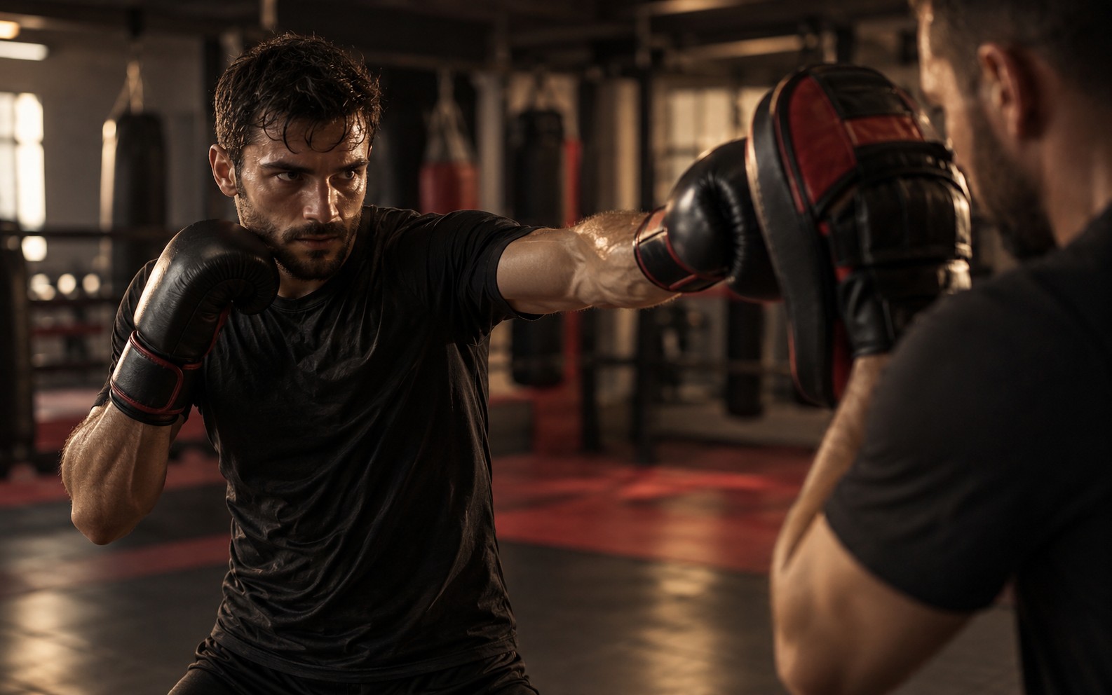 Pratiquant de striking travaillant au pao dans une salle de sport de combat
